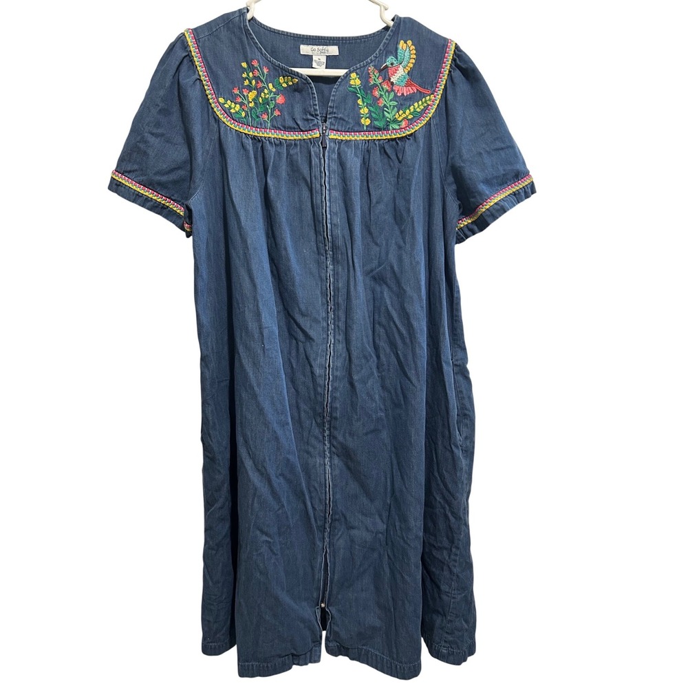 Go Softly Patio Denim Embroidered Floral Bird‎ Zip Front Dress Muu Muu Medium
